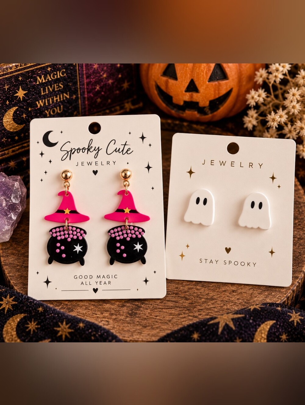 2-Pair Spooky Cute Halloween Earring Set Witch Cauldron & Hat Plus Ghost New